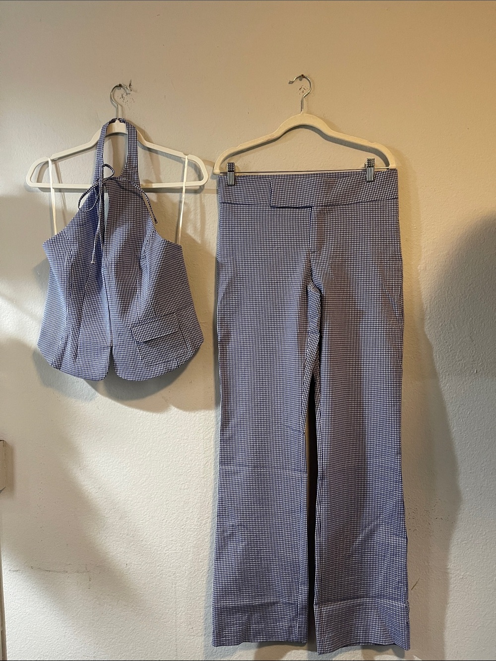Zara Blue Gingham Halter Top & Wide-Leg Trousers Set top L and pants M size